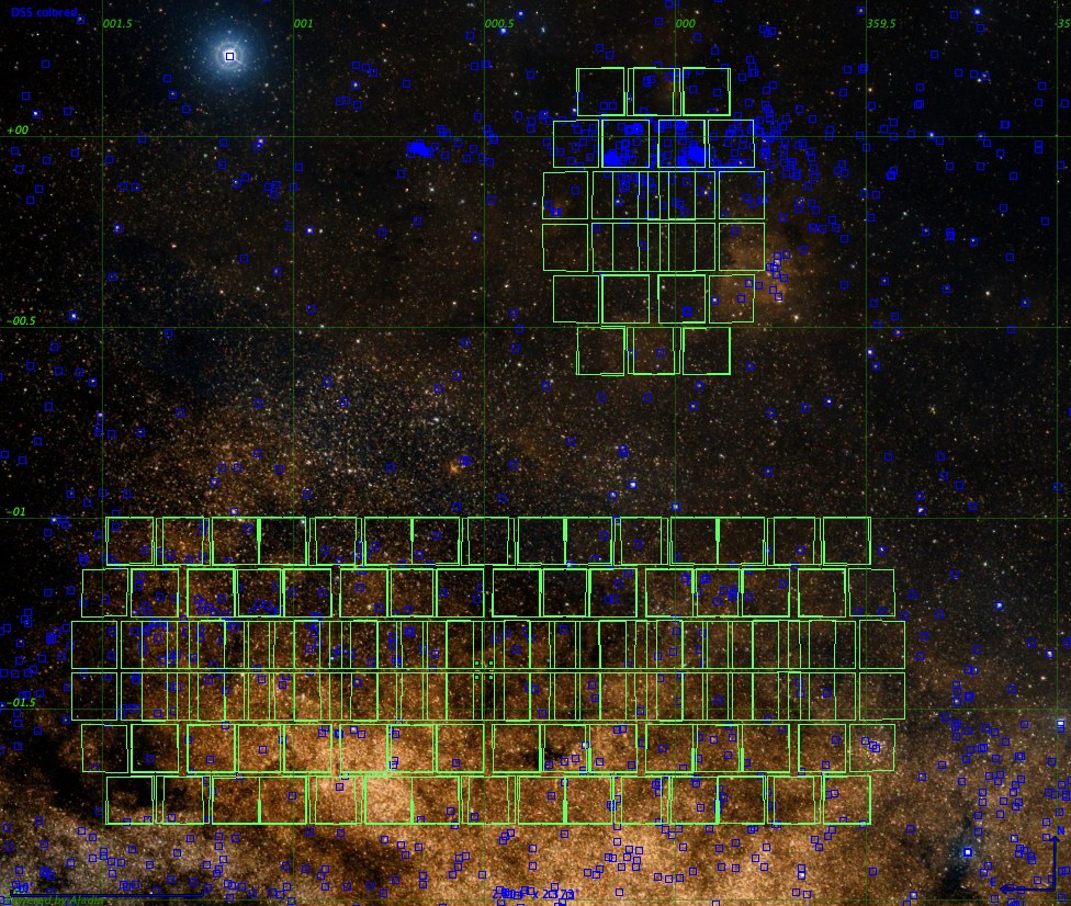 Optical sky image with the six Roman GBTDS field outlines drawn in green; the isolated field at top is the Galactic Center pointing, the group of five fields lies below it.